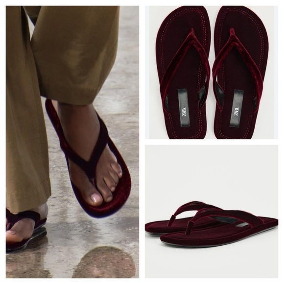 Zara  Velvet Flip Flops Burgundy size 35 US 5 - Picture 3 of 9